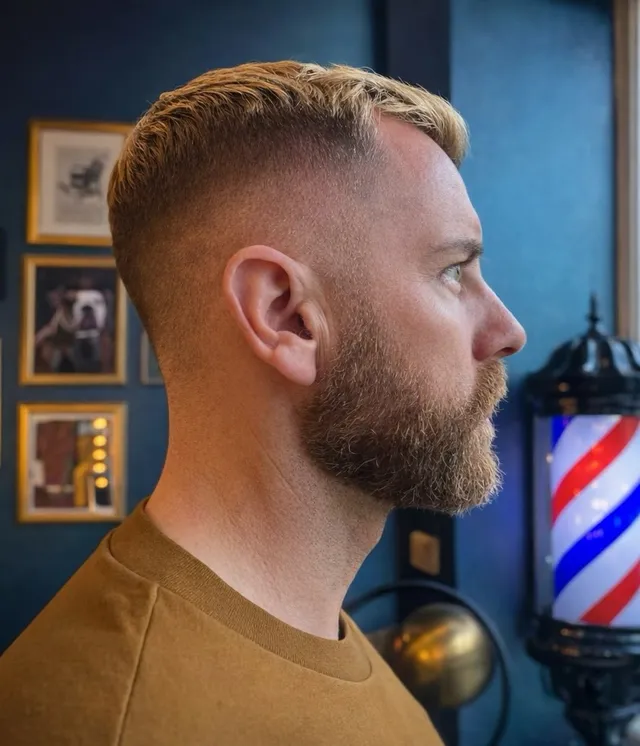A blonde skin fade and full beard by the barber’s pole